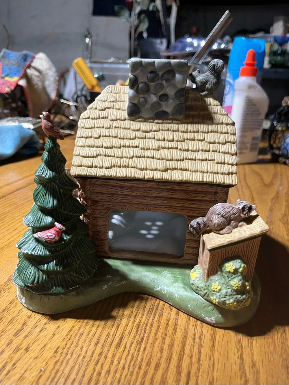 PartyLite Hand-Painted Ceramic Log Cabin Accent in Brown, Green, Yellow